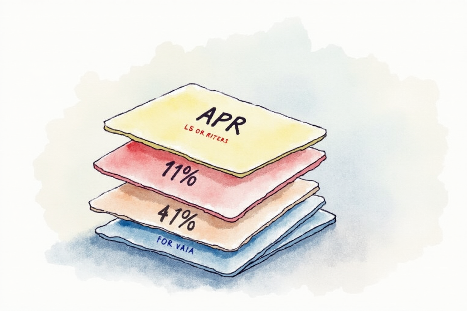 Multiple credit cards stacked with interest rate labels comparing apr percentages