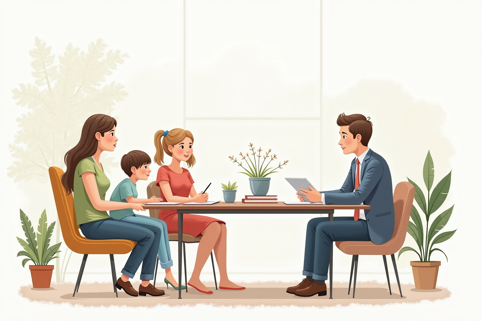 Family attending estate planning meeting with attorney in office