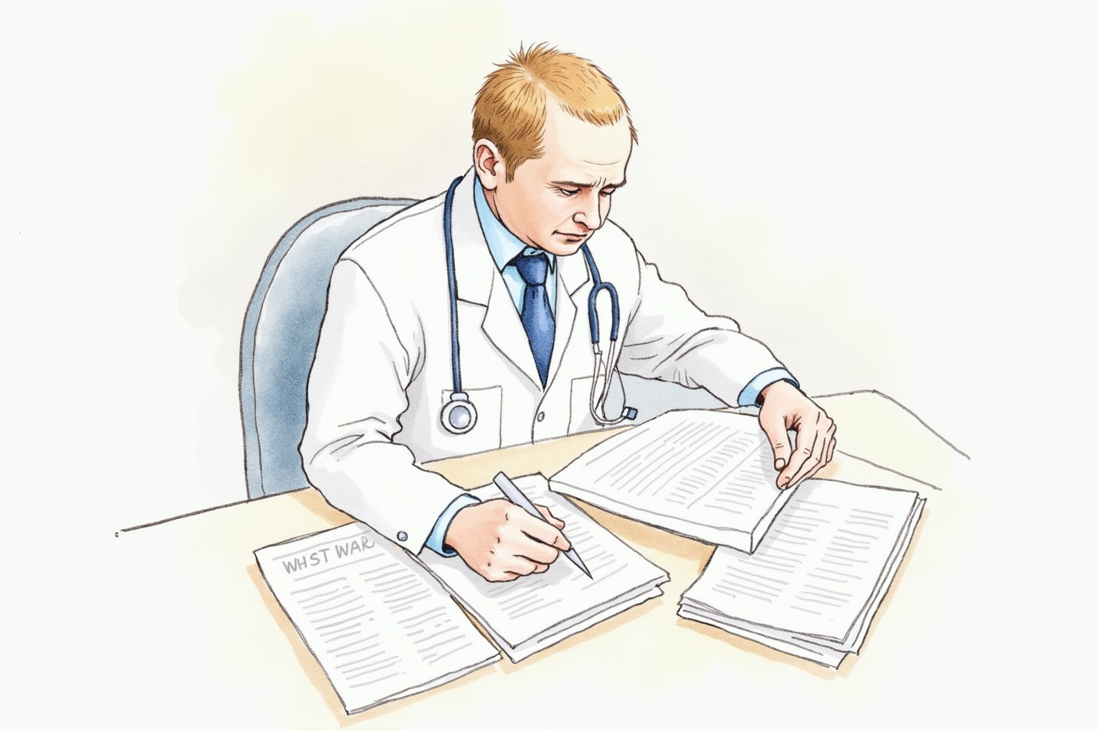 Medical professional reviewing disability insurance claim with supporting documents
